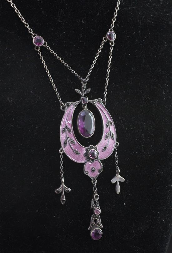 An Art Nouveau silver, enamel and paste set drop pendant necklace, 18in.